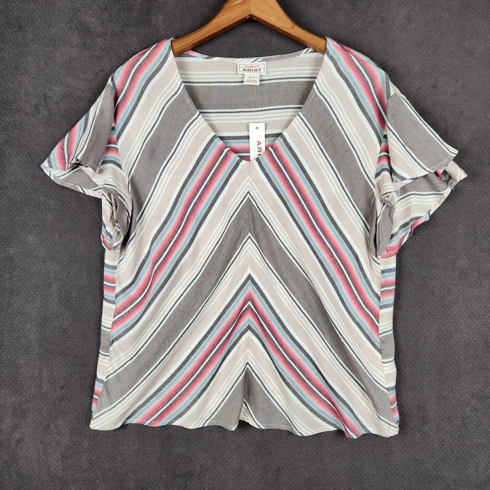 Ariat Blouse Womens Medium Pink‎ Blue Gray Stripe V Neck Flutter Sleeve Top NEW